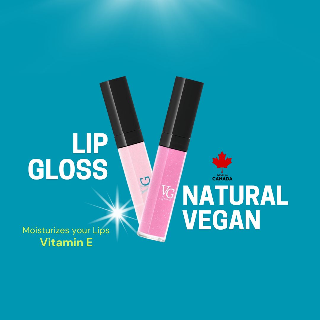 Two vegan, non-toxic lip gloss tubes with simple packaging, displayed on a white background with a maple leaf and flower accent, symbolizing eco-friendly and Canadian values.