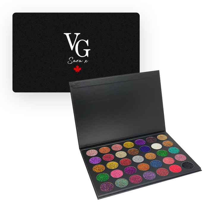 an opened glitter eyeshadows palette with logo in the back