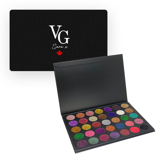 an opened glitter eyeshadows palette  with logo in the back