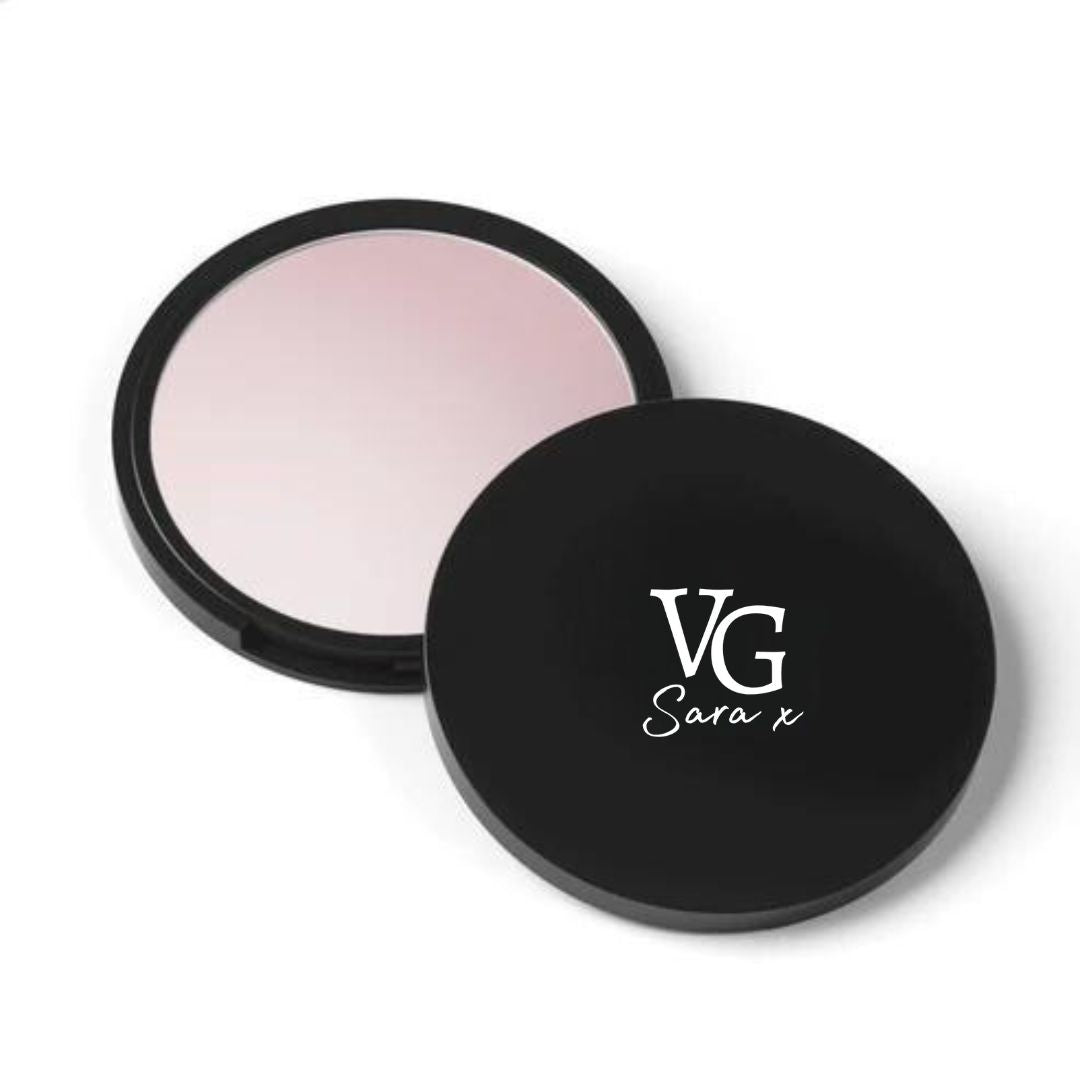 Cruelty-Free Hydrating Highlighter compact on a white background and a white logo