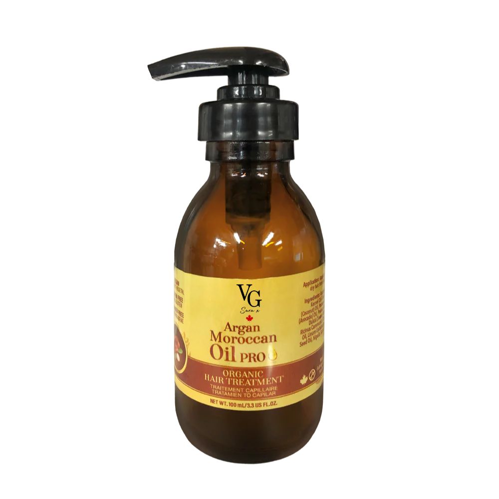 A botte of Vegan organic Argan Moroccan oil pro of 100ml made in Canada with a pump on a white canvas