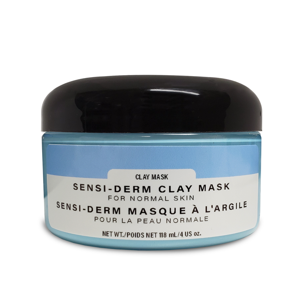 A container of a blue clay mask with a black cover top
