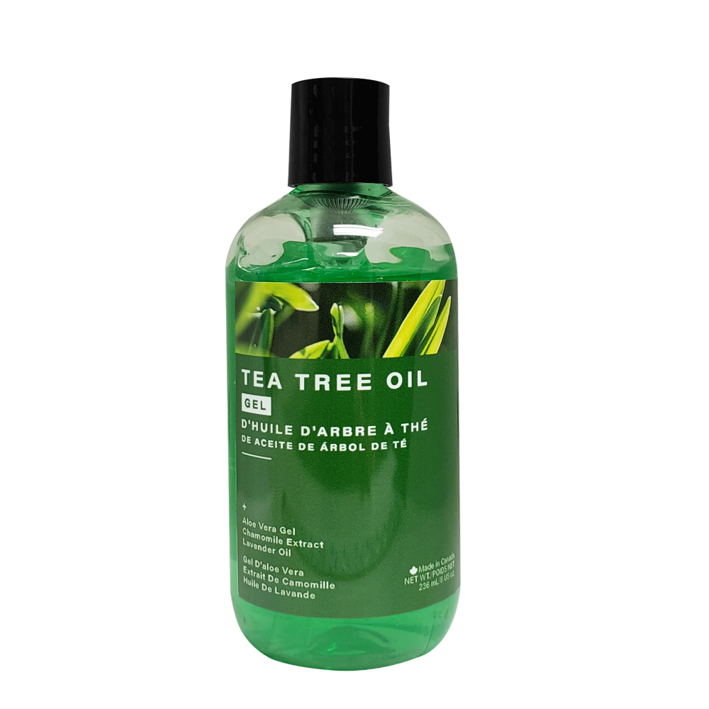 A transparent bottle full of tea tree gel showing the main ingredients from Canada