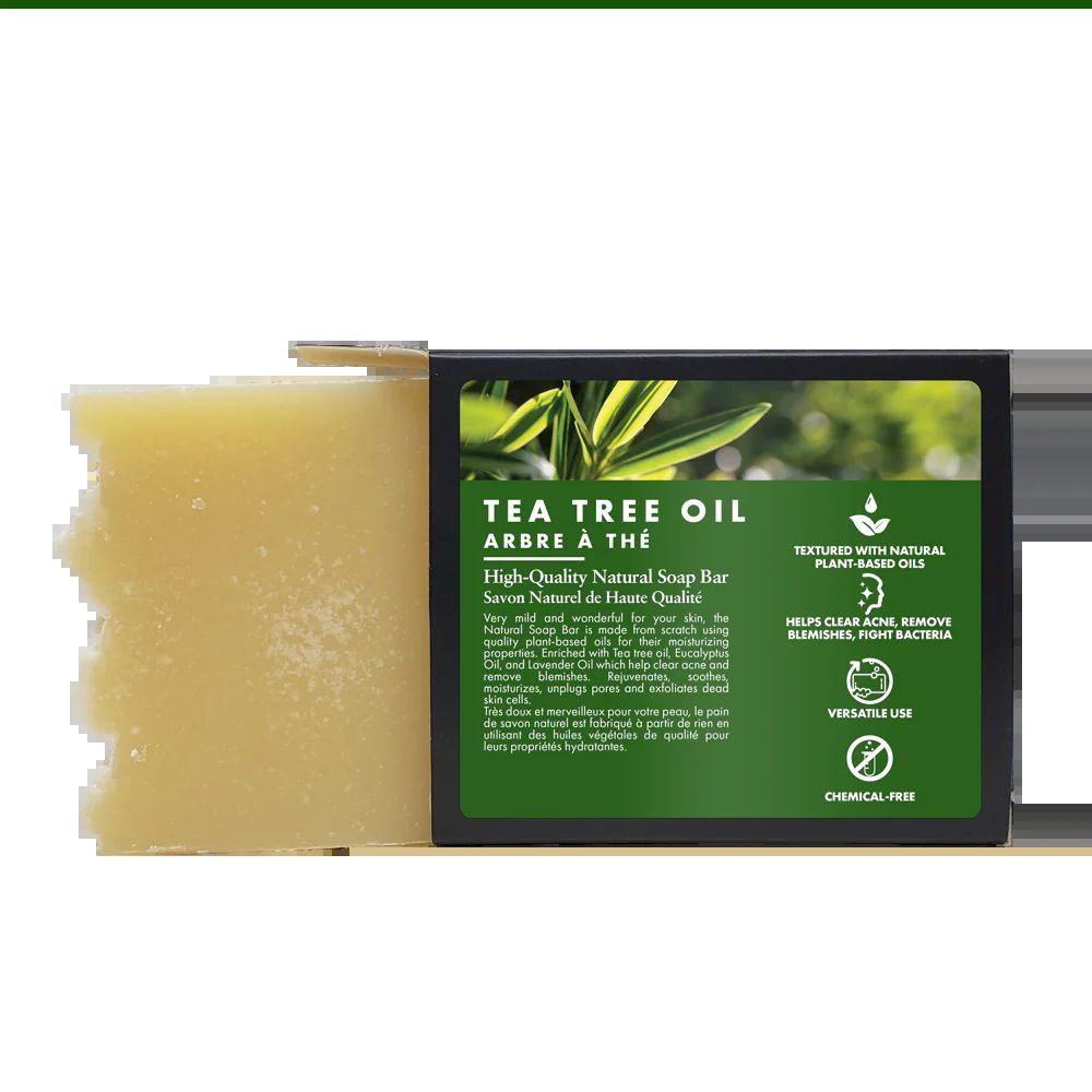 A soap bar of tea tree oil with the ingredients in a box