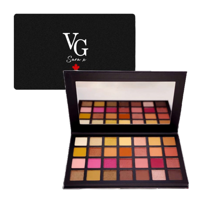 open case of 28 eyeshadow palette with a mirror and a logo on the cover