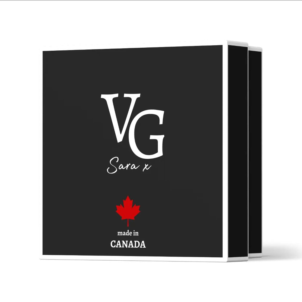 Black box with 'VG Sara x' branding and a red maple leaf, labeled 'made in Canada'.