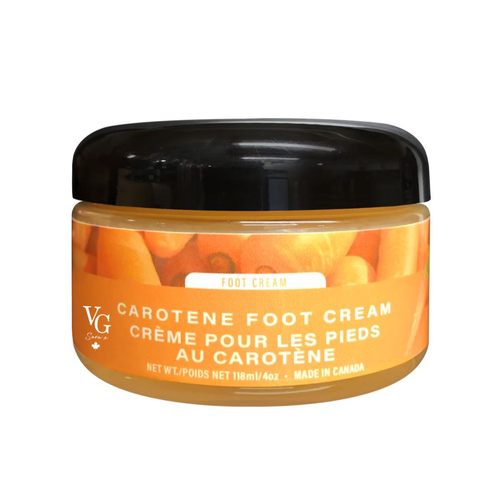 range container of carotene foot cream on a white canvas