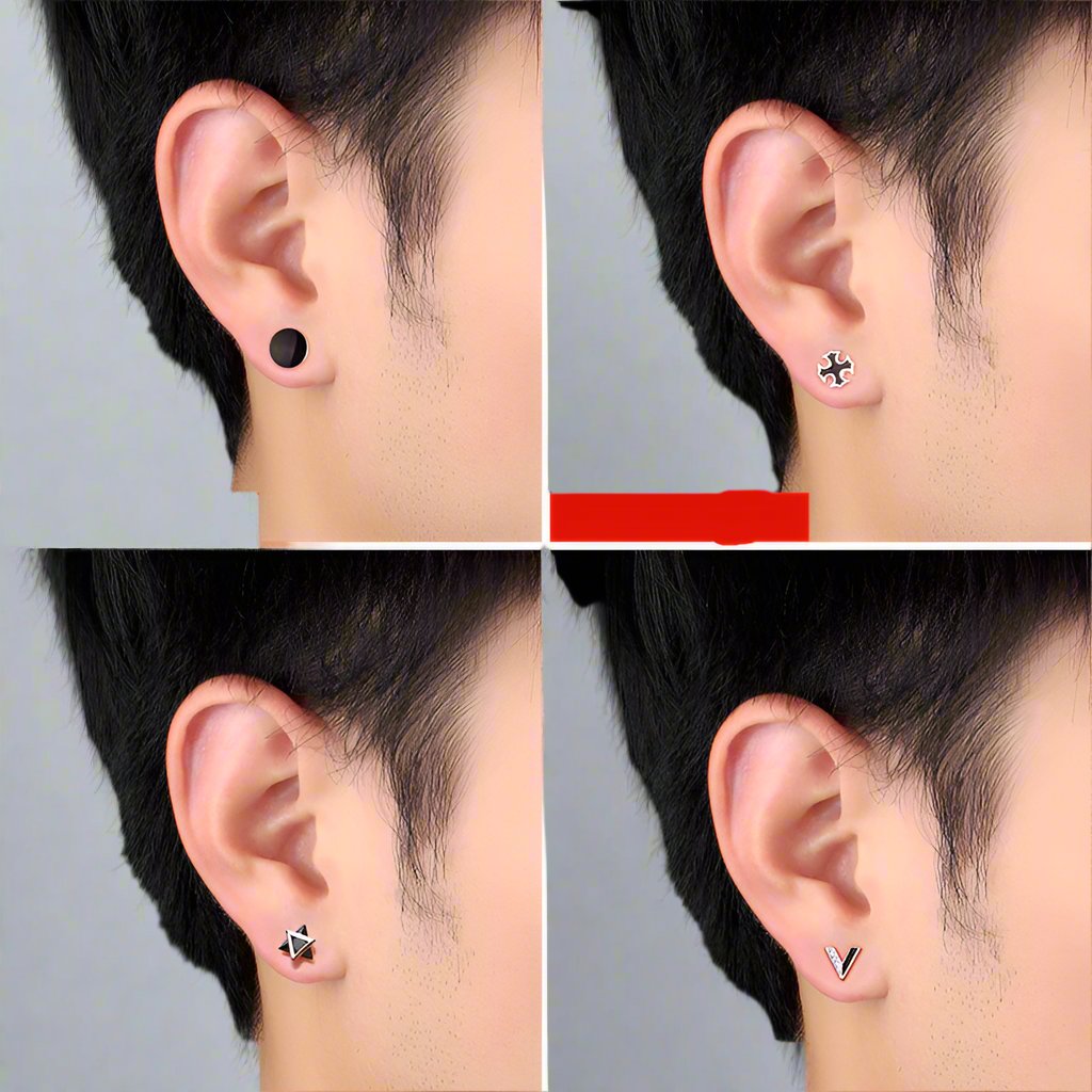 four different men earrings view on the ear
