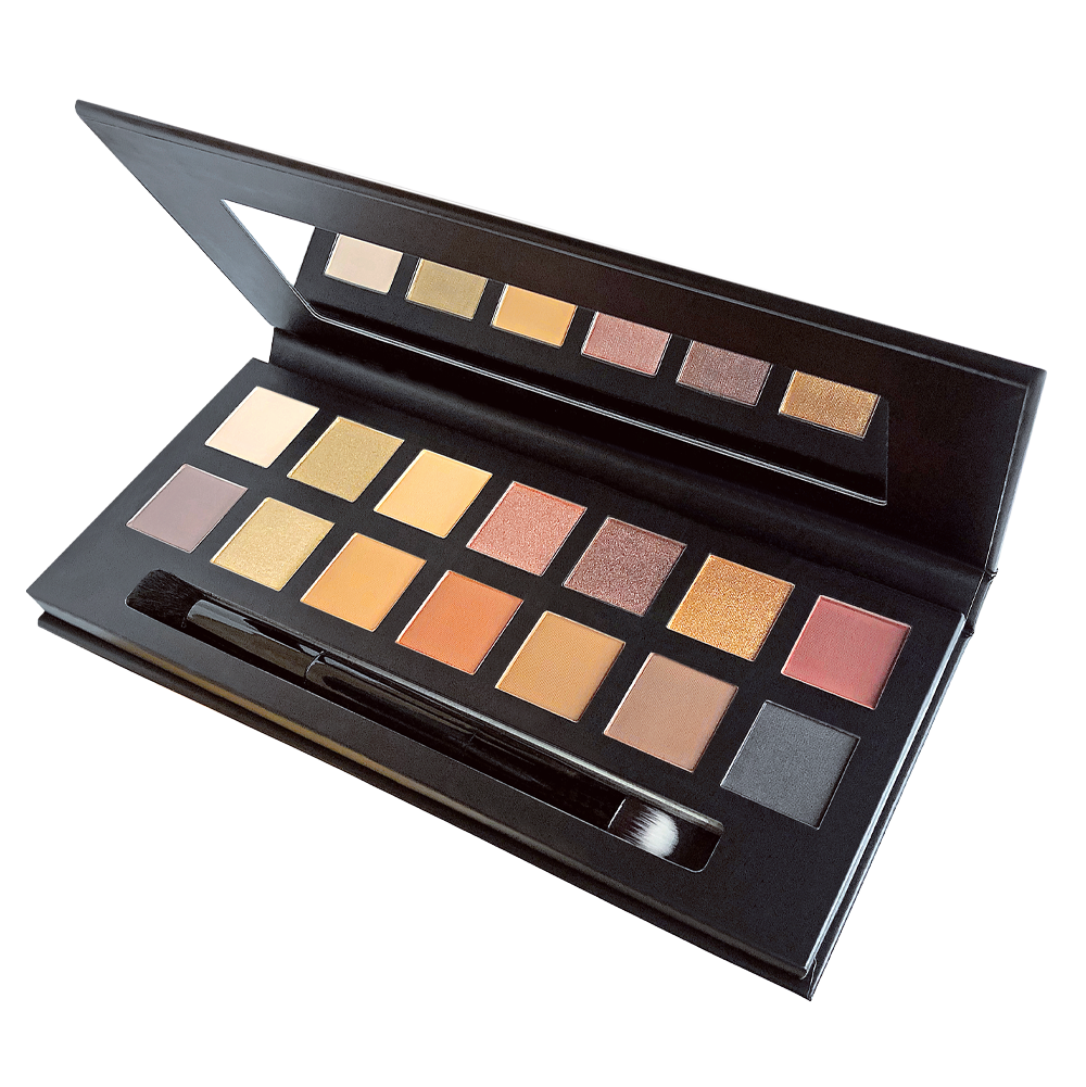 An eyes shadow palette opened to display various shades with a mirror and applicator included.