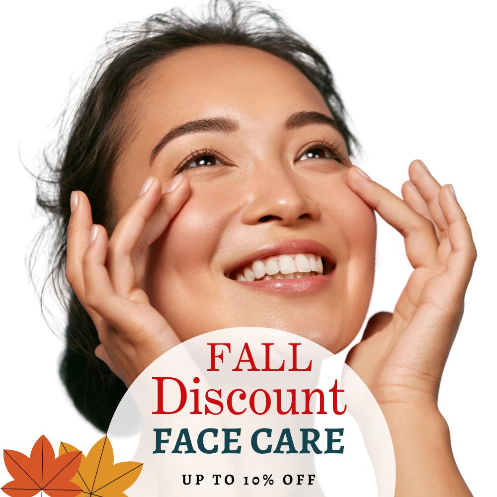 Woman touching her face with a 'Fall Discount Face Care' offer overlay