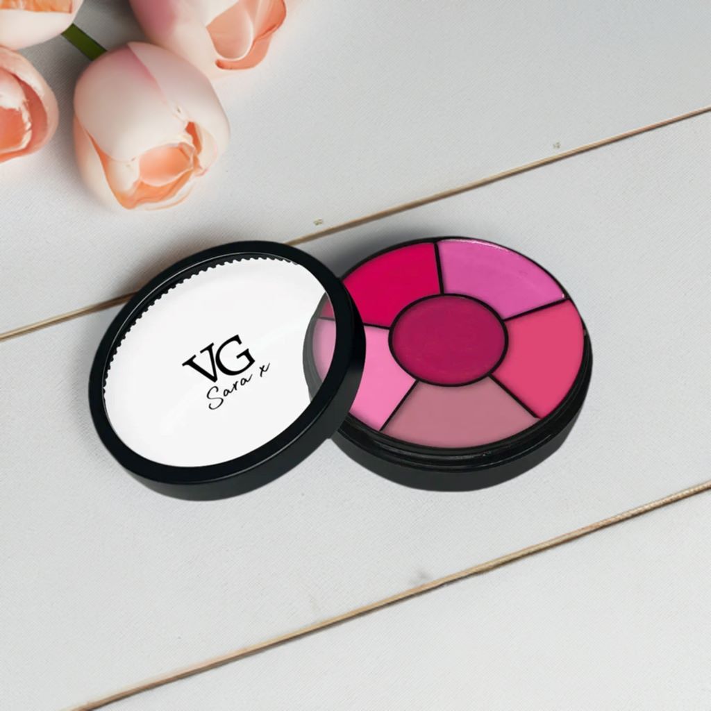 lipstick wheel over a white wood table