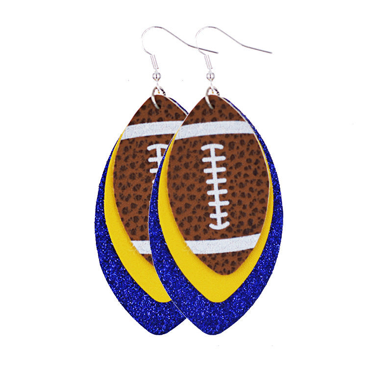 a pair of rugby theme earrings on a white canvas