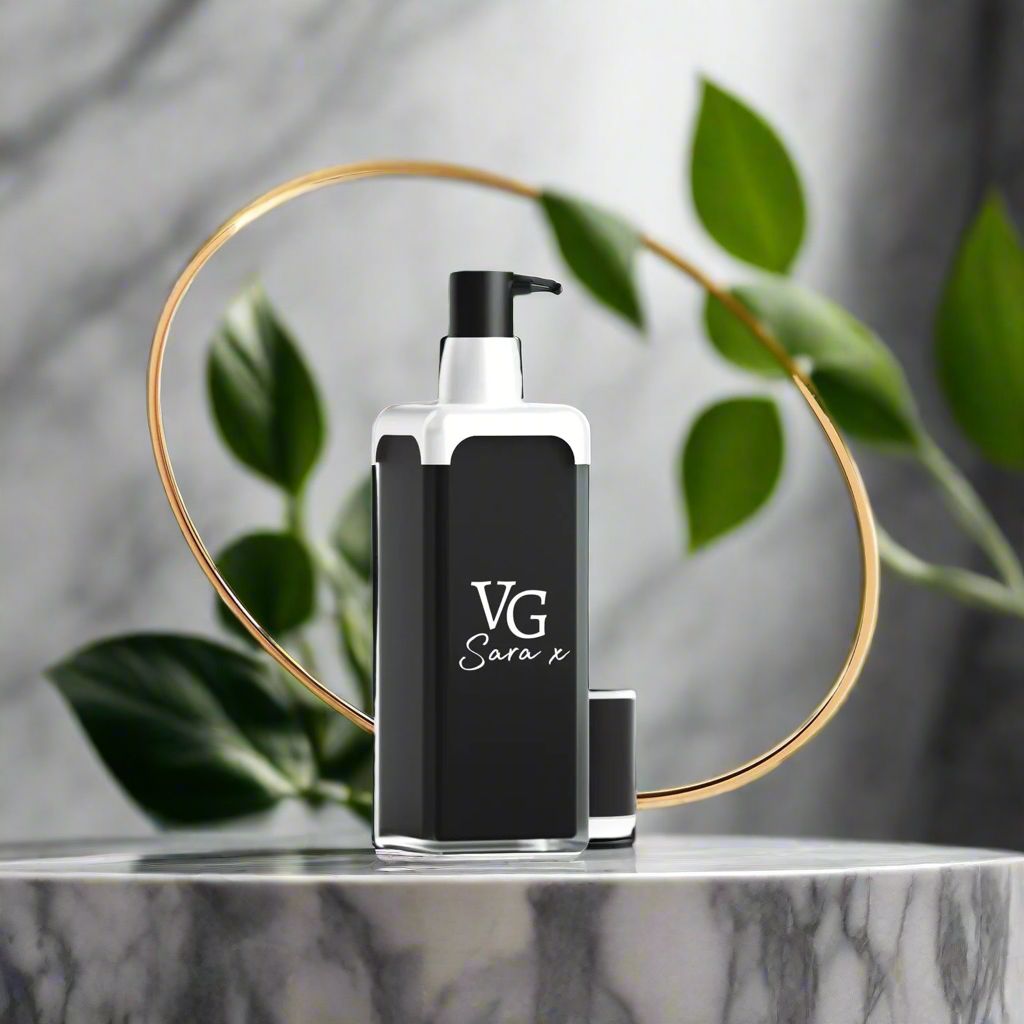 bottle of serum with a Logo brand VG Sara x on a grey marble countertop and a gold ring at the back