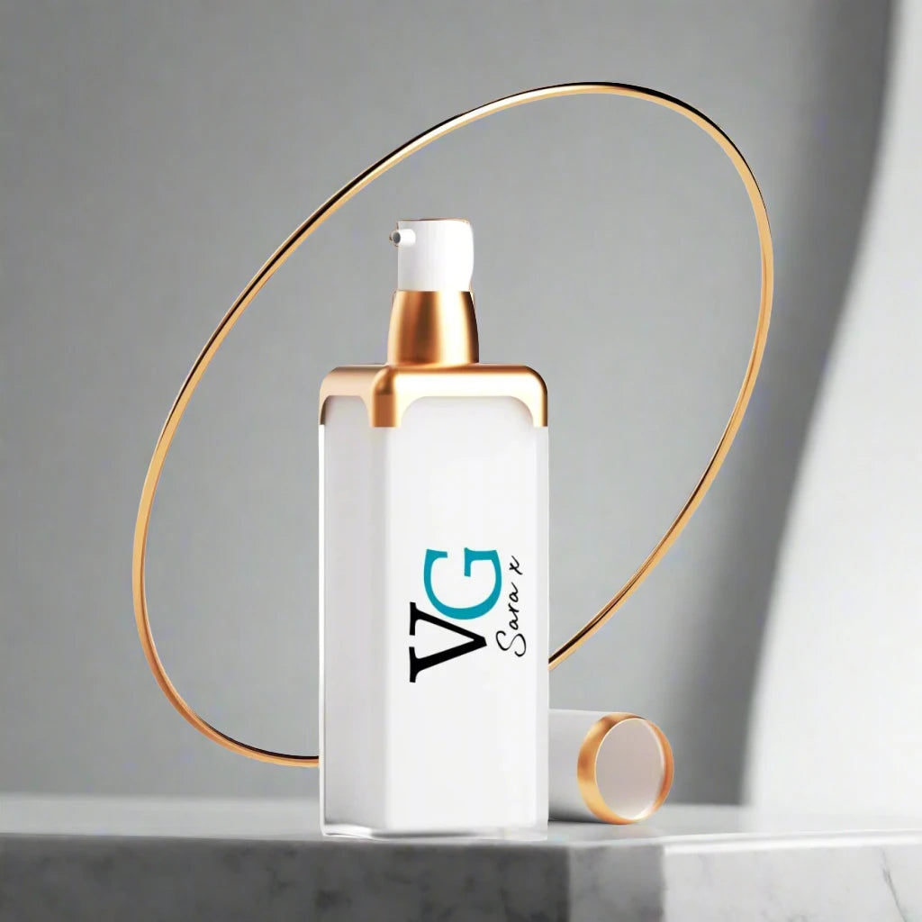 Rose Gold Serum bottle with a logo in a white and gold beautiful container