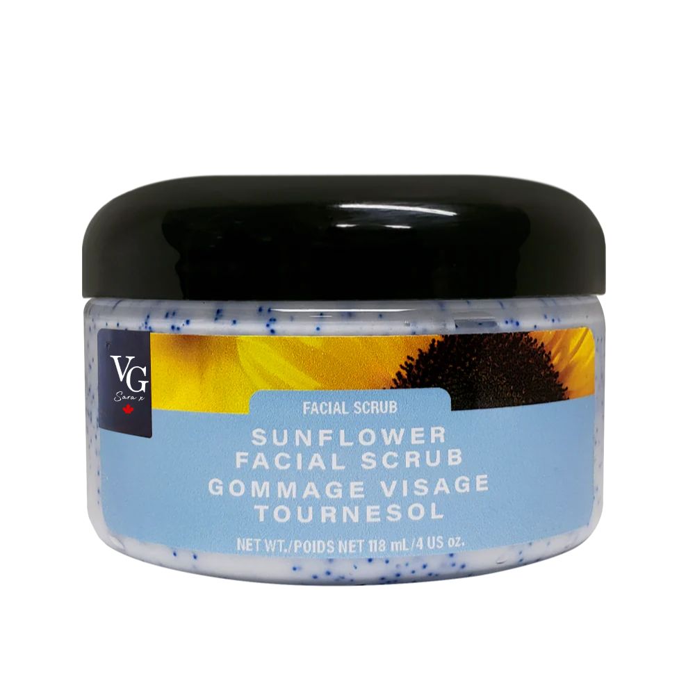light blue container of sunflower facial scrub on white canvas