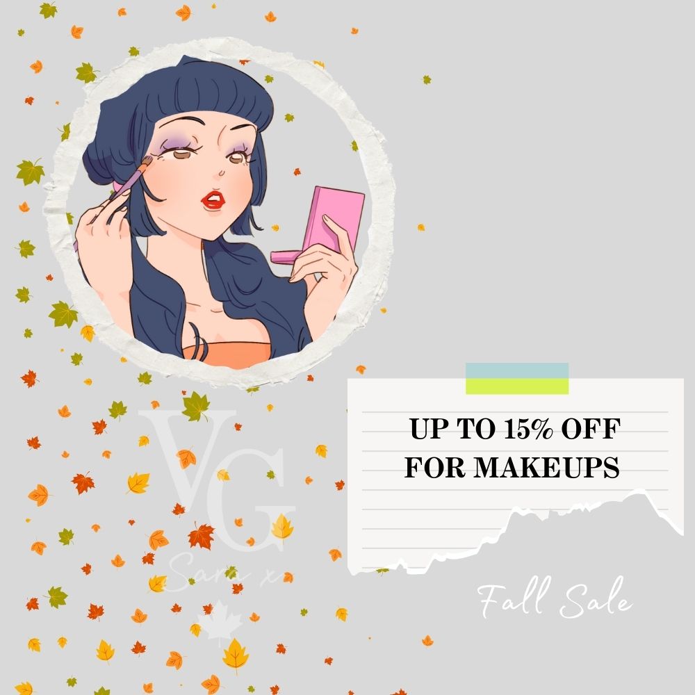 Illustration of a woman applying makeup with a 'Fall Sale' text overlay on a gray background with autumn leaves.