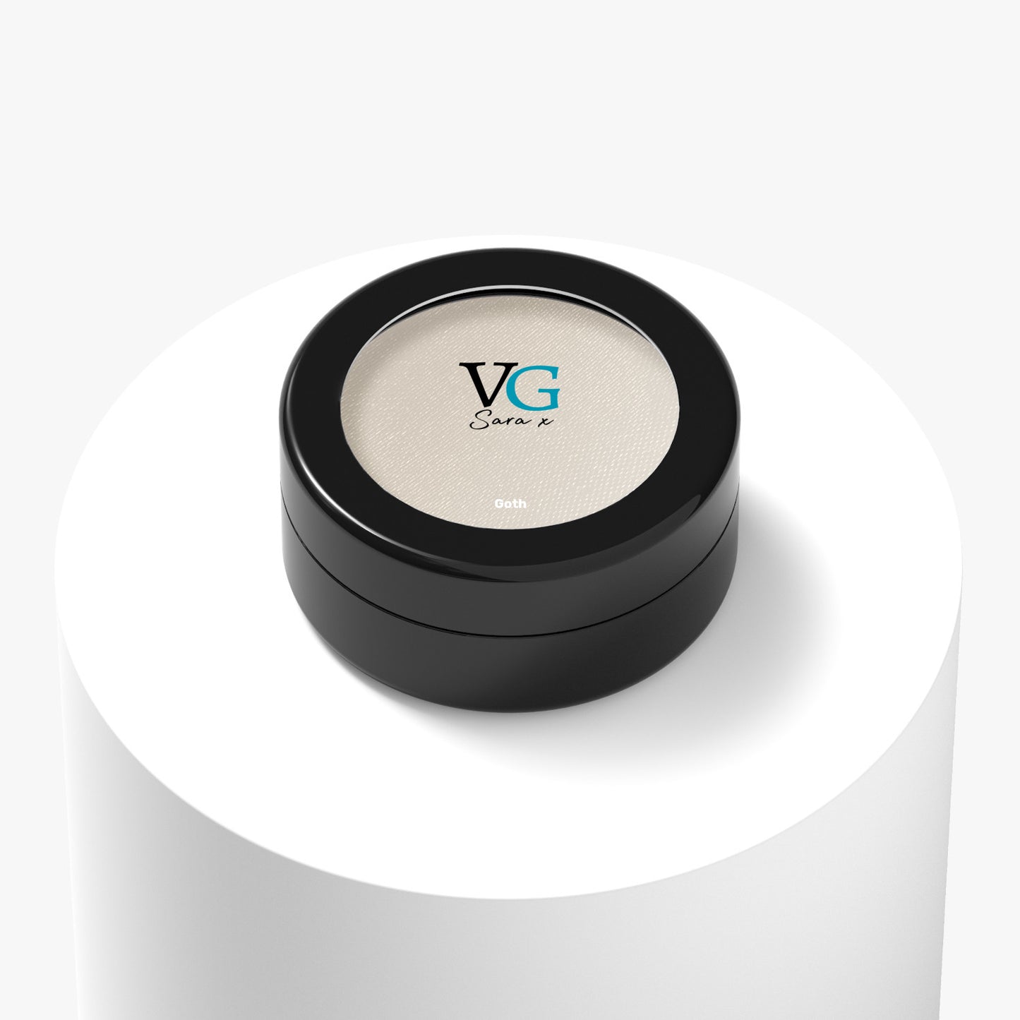 black container of goth-name vegan sparkling eyeshadow with logo on cover VG Sara ☓