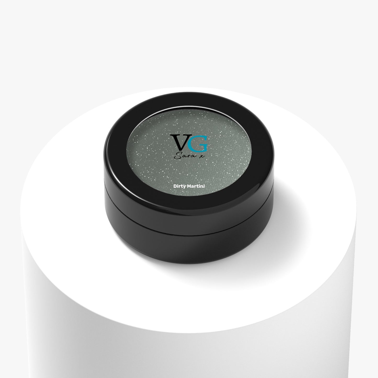 black container of color dirty martini vegan sparkling eyeshadow with logo on cover VG Sara ☓