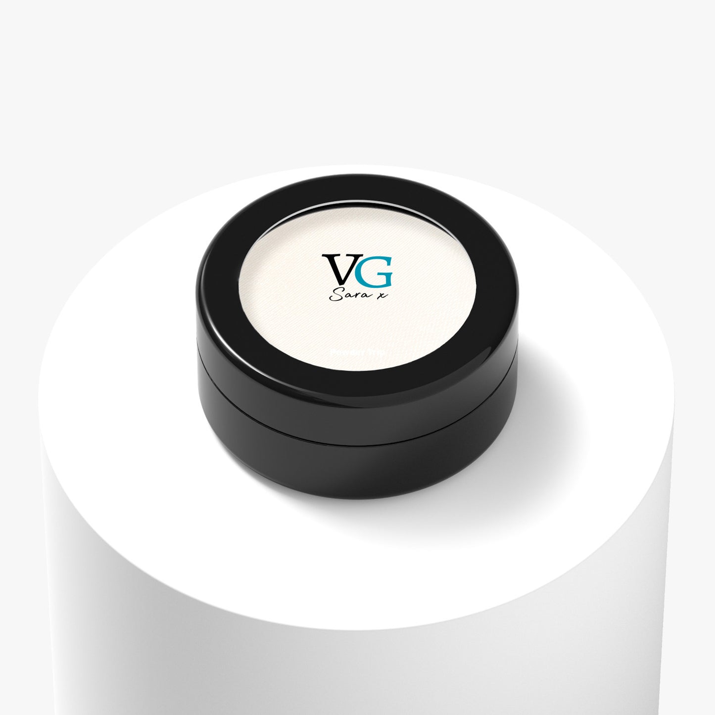 Black container with a printed name Powder Trip of vegan sparkling eyeshadow with logo