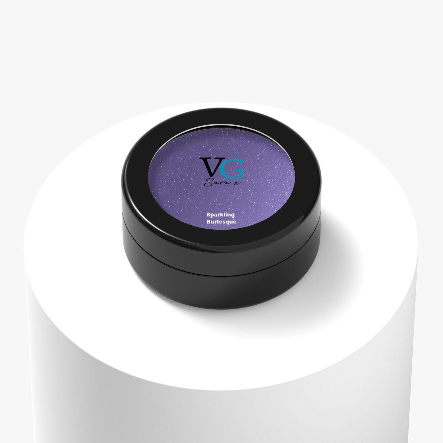 black container of color sparkling burlesque vegan sparkling eyeshadow with logo on cover VG Sara ☓