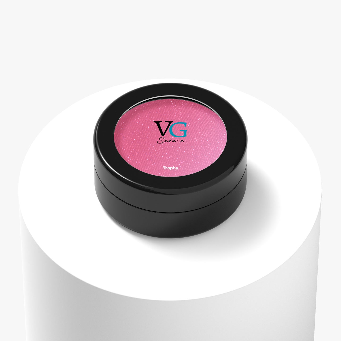Black container with a printed name Trophy of vegan sparkling eyeshadow with logo