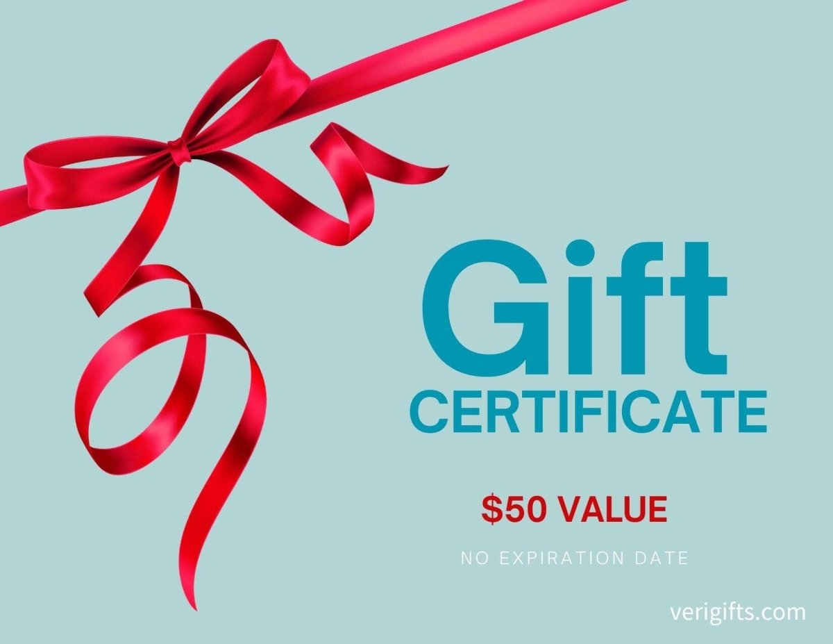 A blue gift certificate of 50 $ value with no expiration date