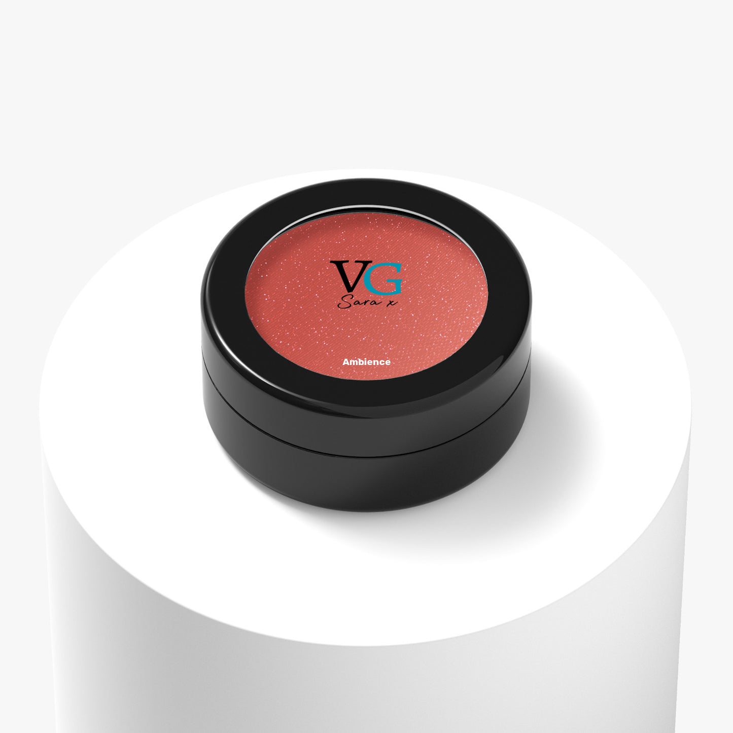 black container of ambiance vegan sparkling eyeshadow with logo on cover Vg Sara