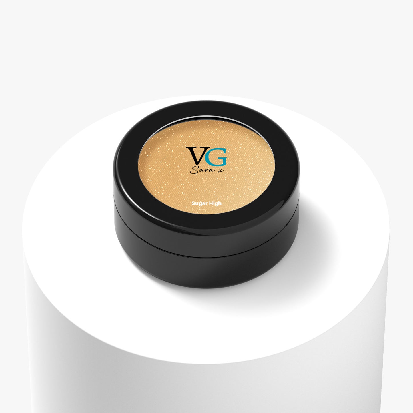 black container of sugar high vegan sparkling eyeshadow with logo on cover Vg Sara x
