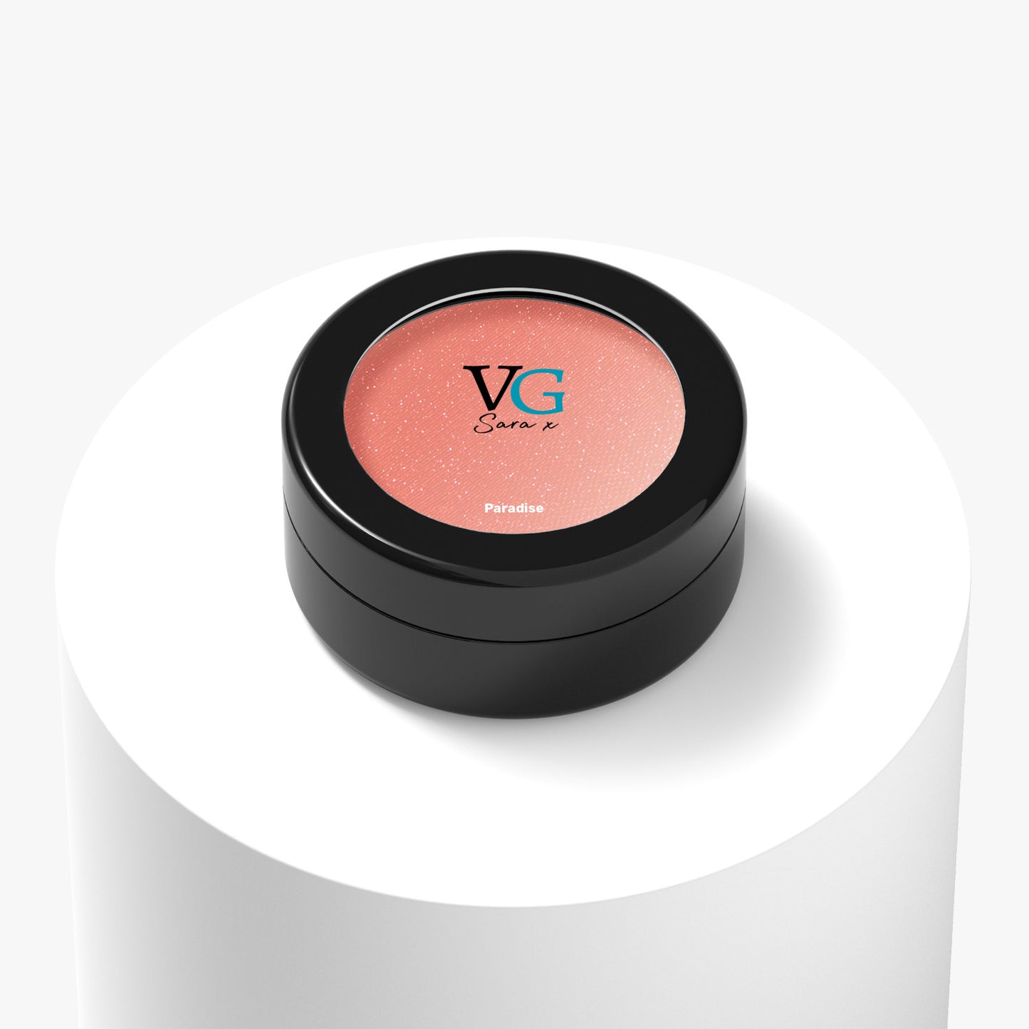 Black container with a printed name Paradise of vegan sparkling eyeshadow with logo