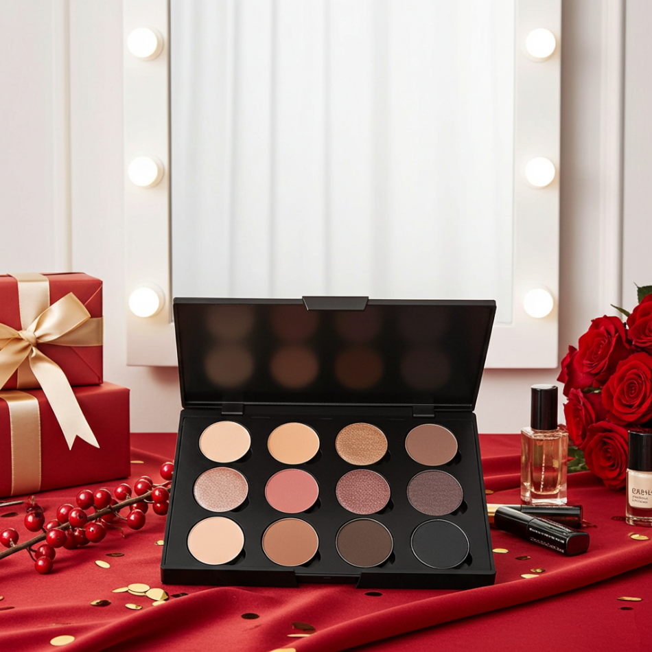 Makeup palette on a red surface with decorative elements and lights in the background