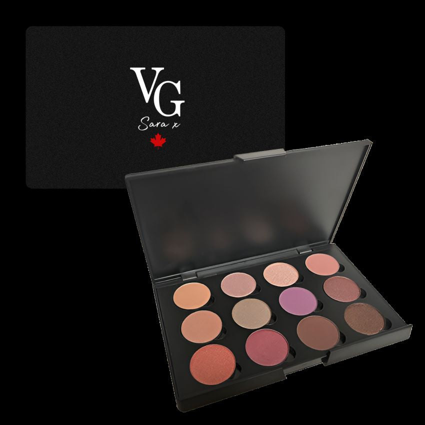 Makeup palette with colorful shades and a black box featuring a logo on a white background