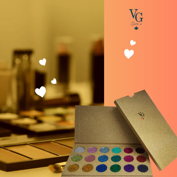 golden glitter palette with 18 shades with white hearts and a logo as an advertisement 