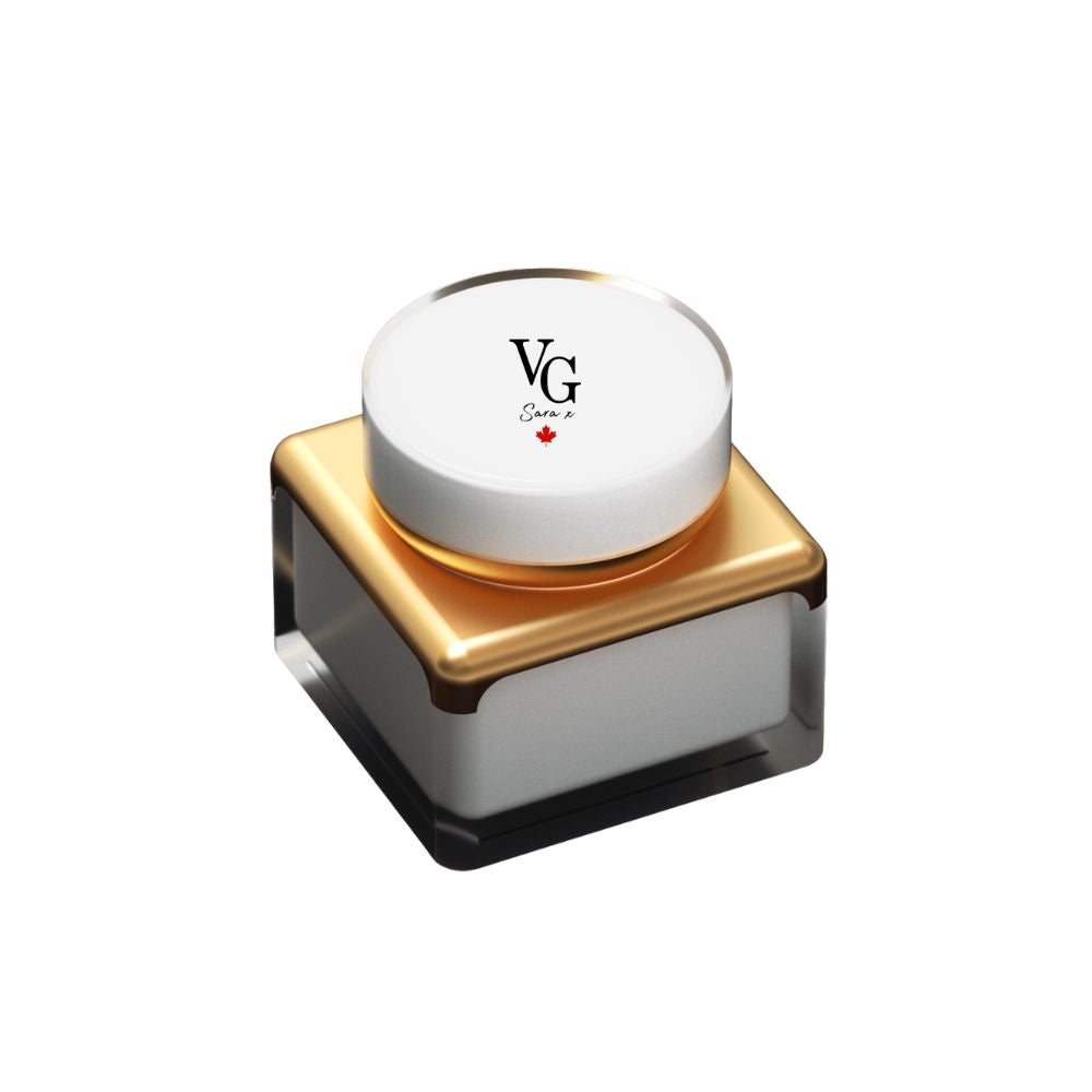 gold and white day cream container with a logo on the cover top
