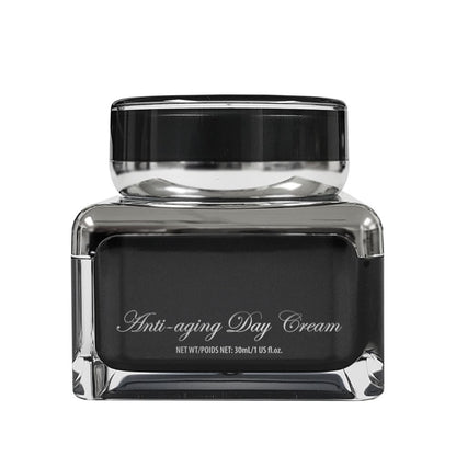 black container with black cover of anti-aging-day cream