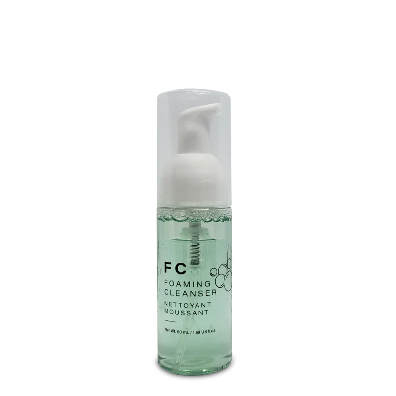 Foaming cleanser bottle with white pump on a white background