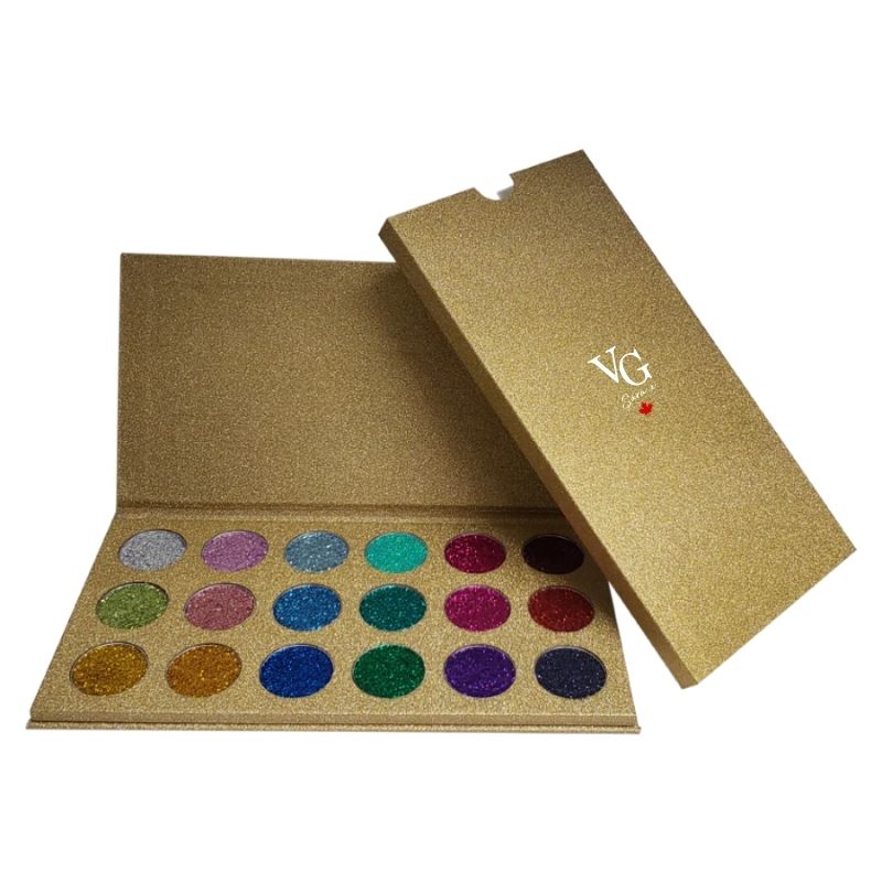 18 glitter shades in a golden palette with brand logo