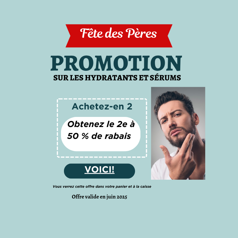 card  of a  promotion for fathers day  includes a man's face and a discount in French Canadian