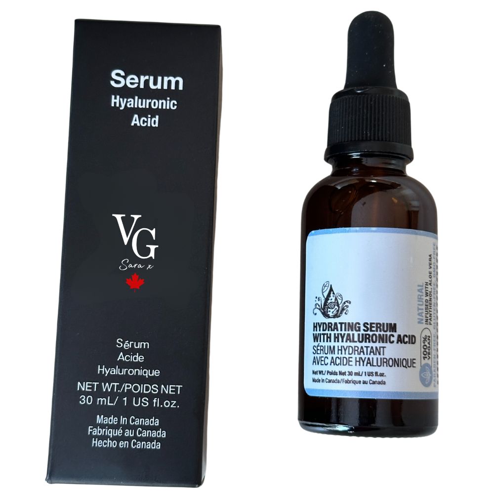 botte of serum hyaluronic acid besides its paper box with a logo Vg sara x