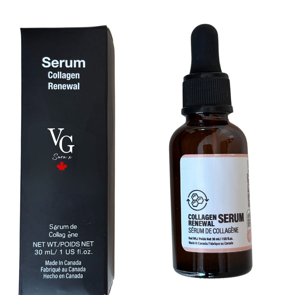 bottle of serum collagen besides  its box with a brand logo VG Sara x made in Canada