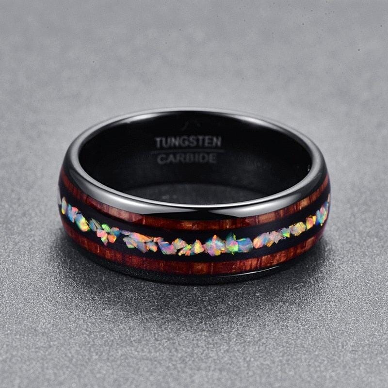 Black Tungsten Carbide Ring adorned with a multicolored opal inlay