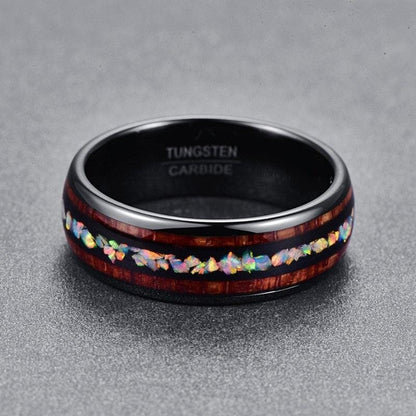 Black Tungsten Carbide Ring adorned with a multicolored opal inlay