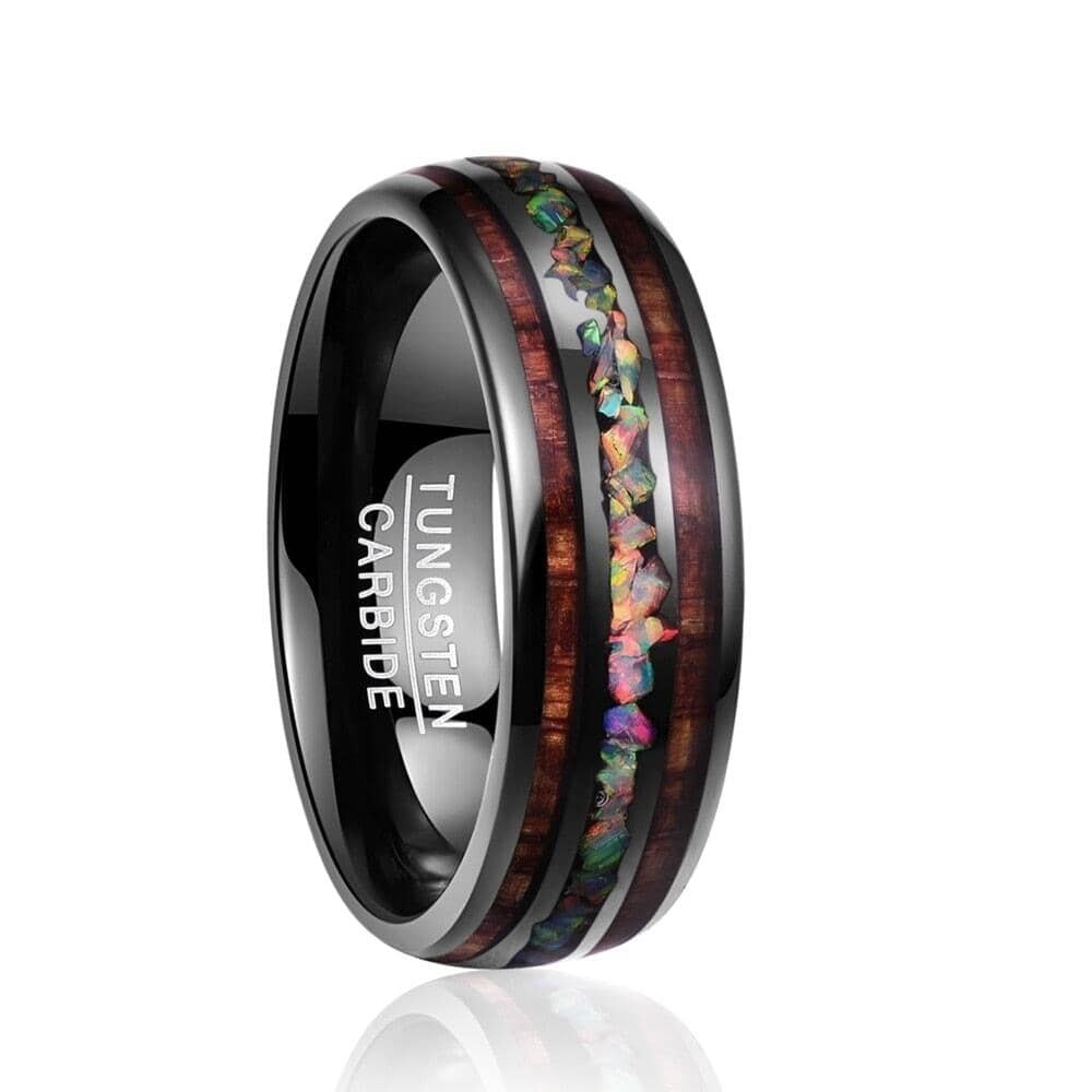 Sleek Black Tungsten Carbide Ring with a striking white opal inlay