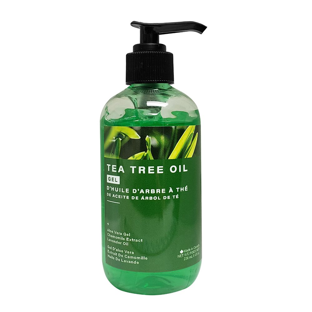 A bottle of tea tree oil showing the ingredients and name of product