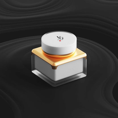 A white and gold rose container of eye cream with a logo in a grey-black canvas