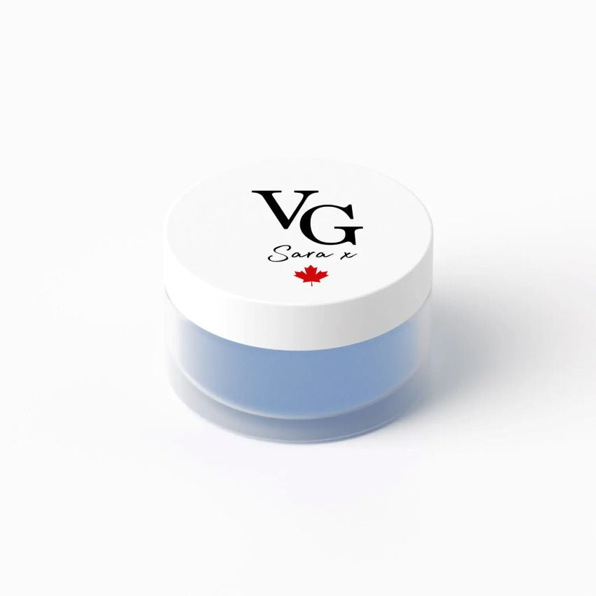 Jar with a white lid featuring 'VG Sara x' branding on a white background