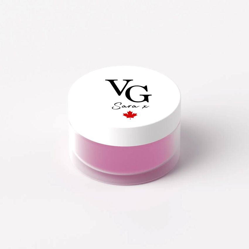Jar of pink lip balm with 'VG Sara x' branding on a white background