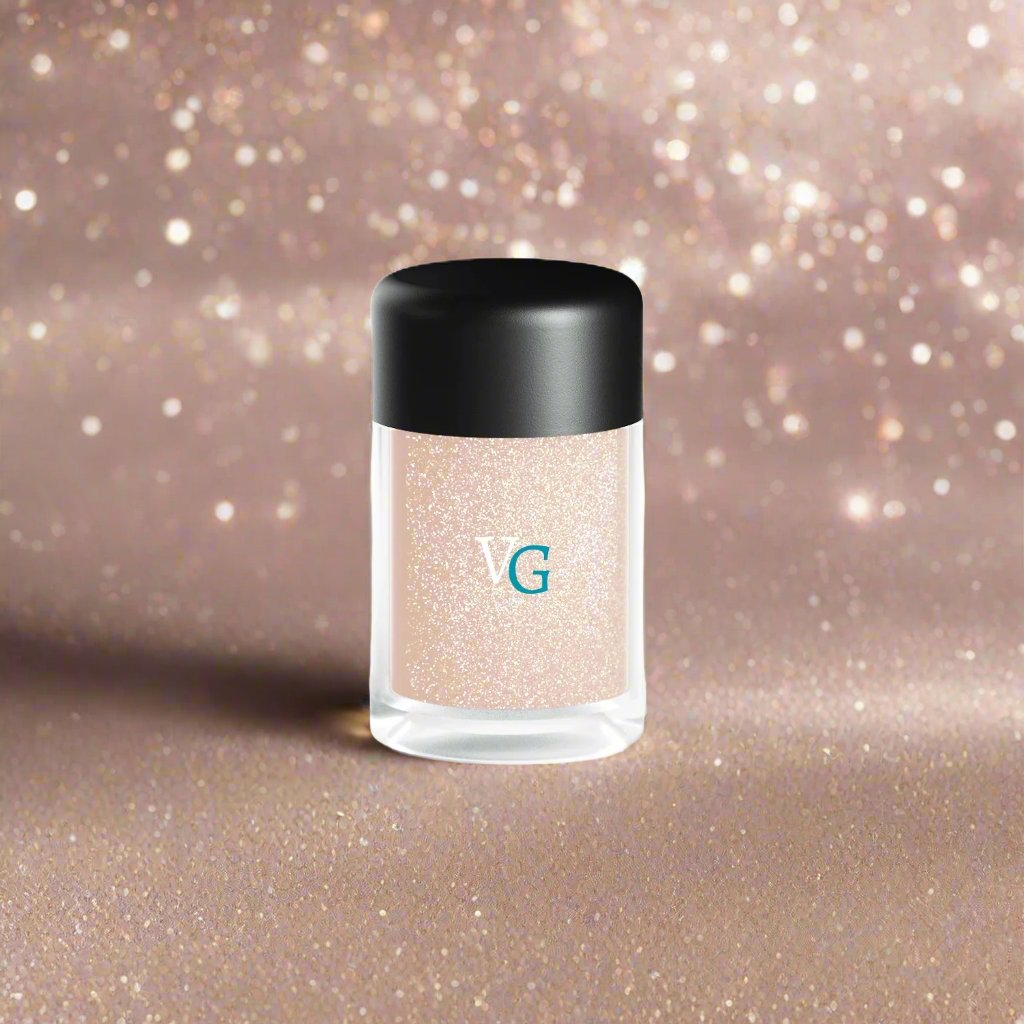 A container of dust glitter on a  brown background with sparkling powder n the background