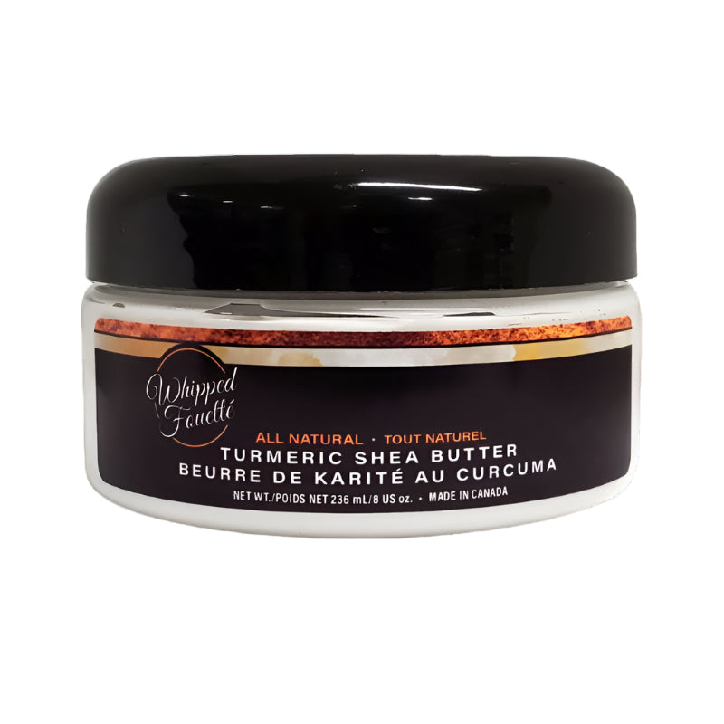 A pot of turmeric shea butter beurre with a black cover top in a white background