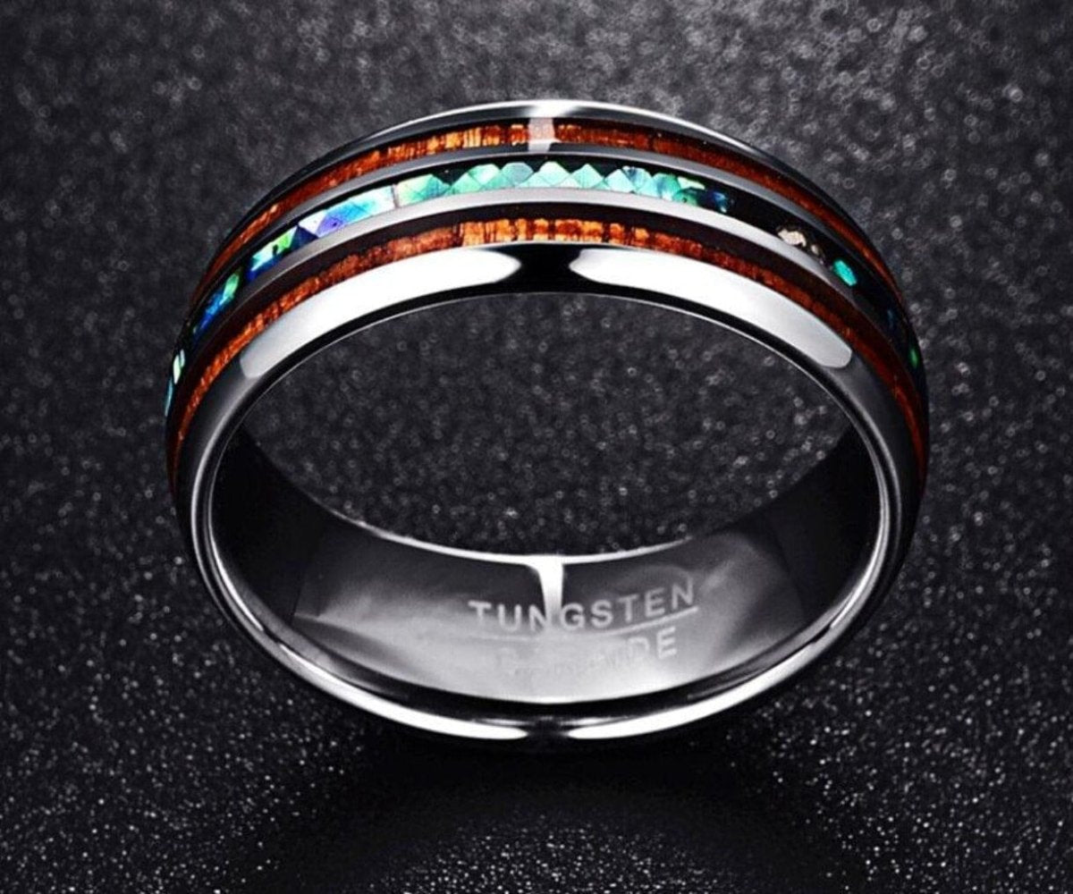 Tungsten wedding band with unique acacia wood inlay for men