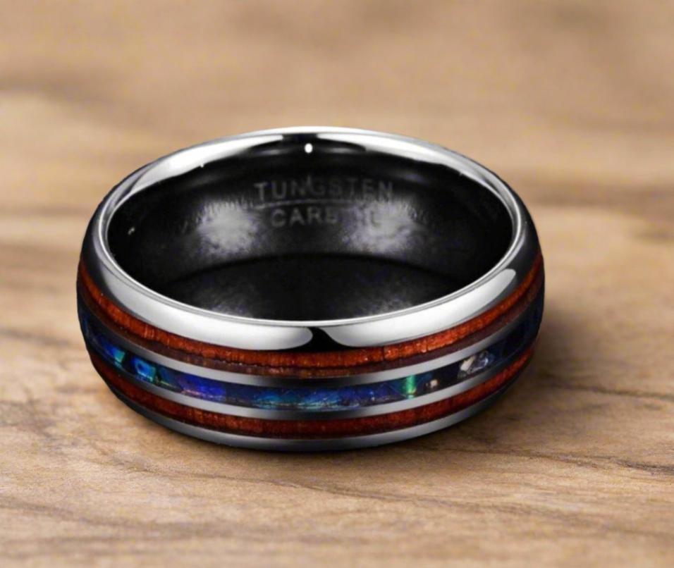 Elegant abalone and acacia wood inlaid tungsten ring reflecting sustainable luxury